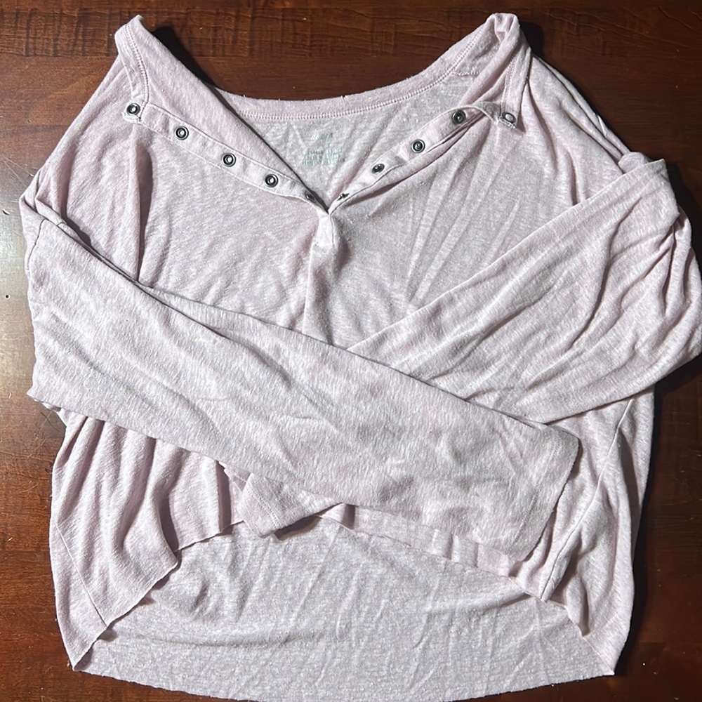 aerie Light Pink Long Sleeve Henley Top with Snap Details